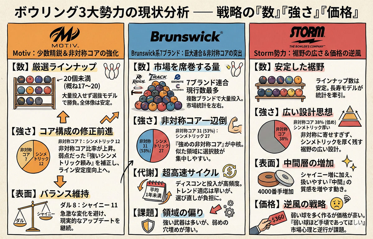 データで読むボウリングボール業界の現在地：Motiv・Brunswick・Stormを徹底比較